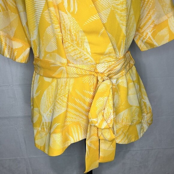 Worthington Blouse Womens Sash Tie Waist Faux Wrap Yellow White Sz M - Picture 3 of 8